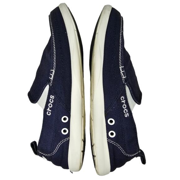 Crocs Boat Shoes Men's Size 8 Slip On Blue Canvas Casual Walu - Picture 3 of 11